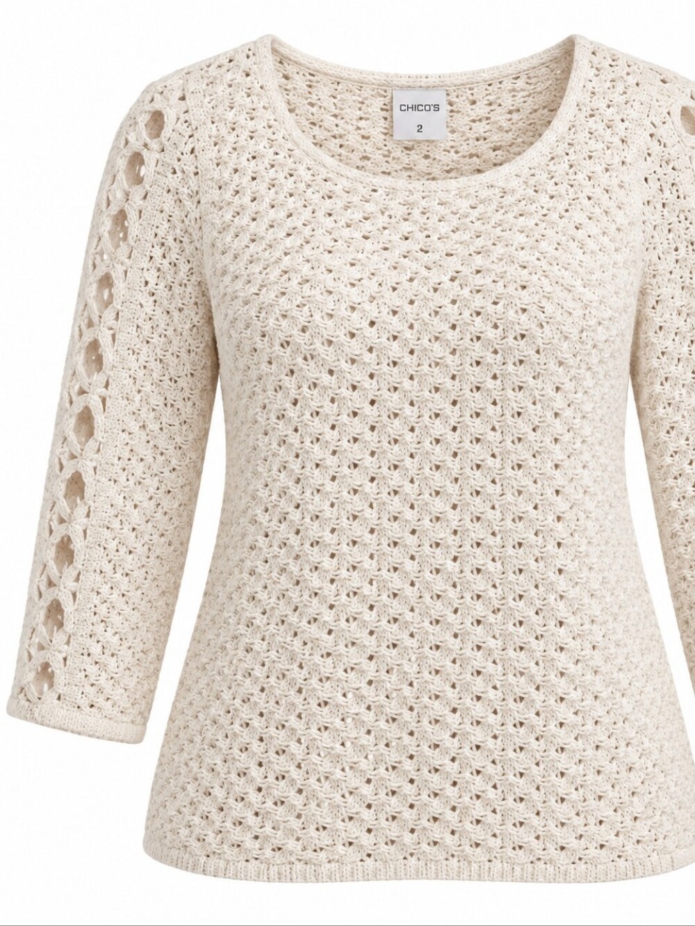 CHICO'S | Ivory Ramie Rayon Crochet Open Knit Boho Coastal Sweater | L 12